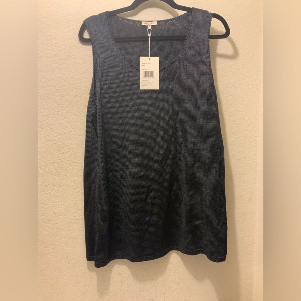 NWT Lafayette 148 Women's XL Ribbed 100% tussah silk Tank Top Sweater Navy Blue